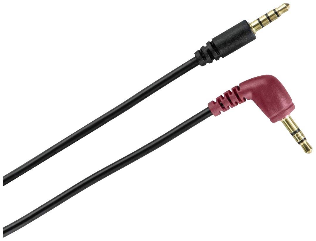 Rovný černý AUX kabel a červený AUX kabel zahnutý v pravém úhlu, oba s 3,5 mm jacky.
