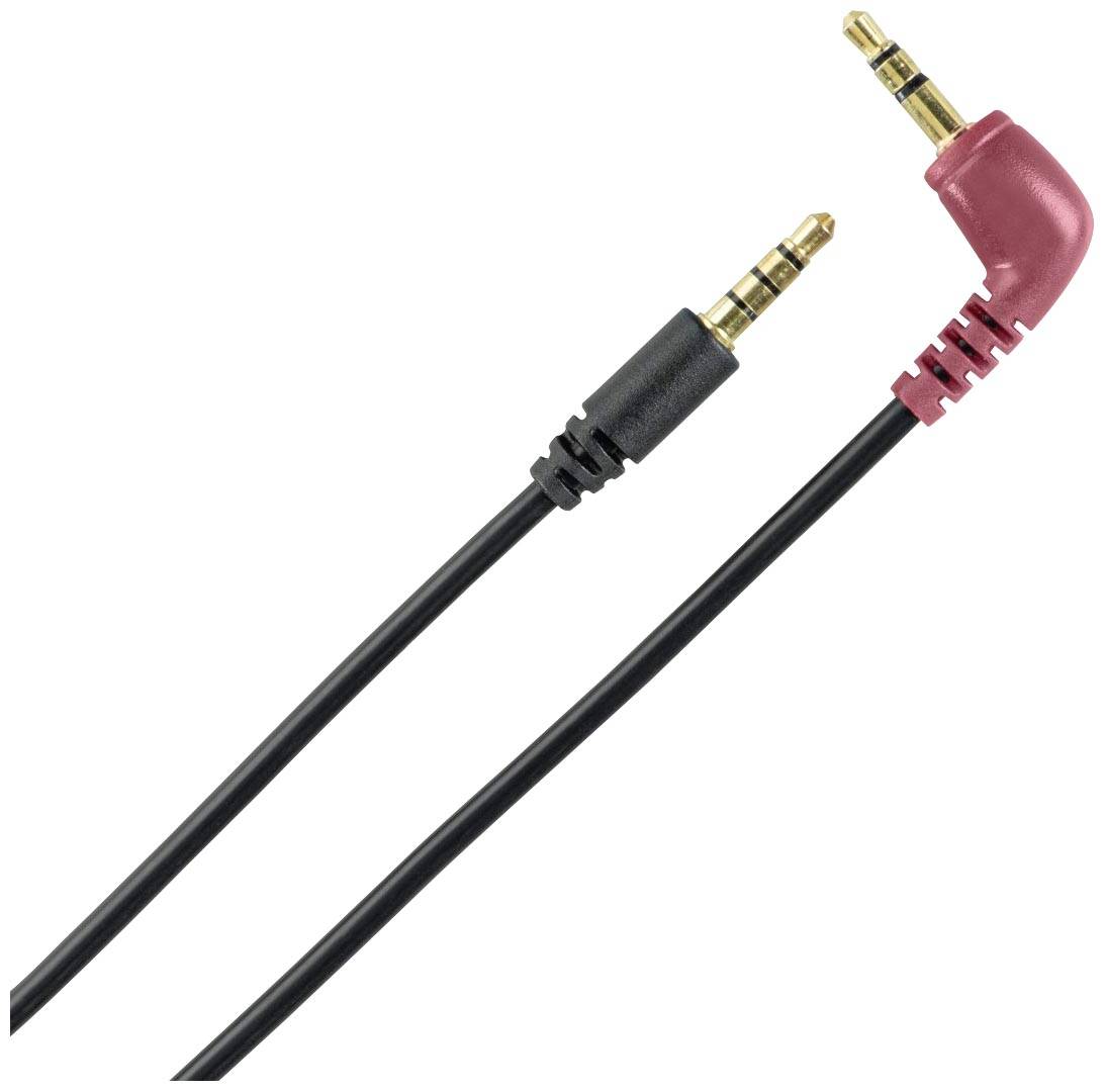 Dva audiofonní kabely s 3,5mm konektory, jeden přímý a černý, druhý lomený a červený. Ideální pro připojení audio zařízení.