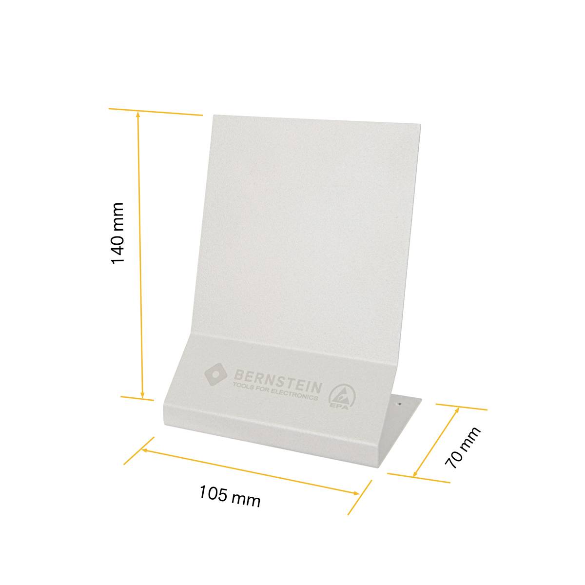 Bílý stojan na displej o rozměrech 140 mm x 105 mm x 70 mm, označený "Bernstein Tools für Elektronik".