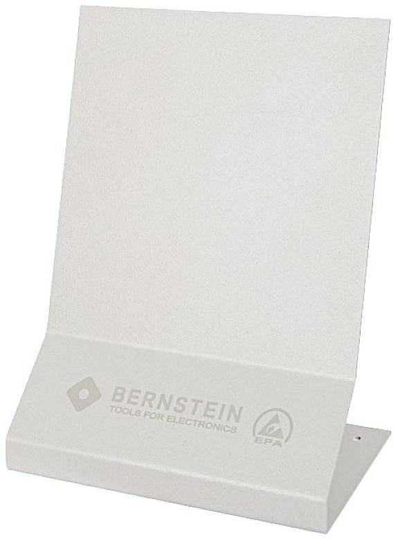 Bílý kovový držák displeje se šikmou podstavou. Potisk 'BERNSTEIN TOOLS FOR ELECTRONICS' a logo EPA.