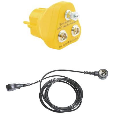 Žlutý uzemňovací konektor se třemi kovovými kontakty, označený štítkem 'Earth Bonding Plug' a kabel s připojovací svorkou, určený pro kontrolu elektrostatického výboje (ESD).