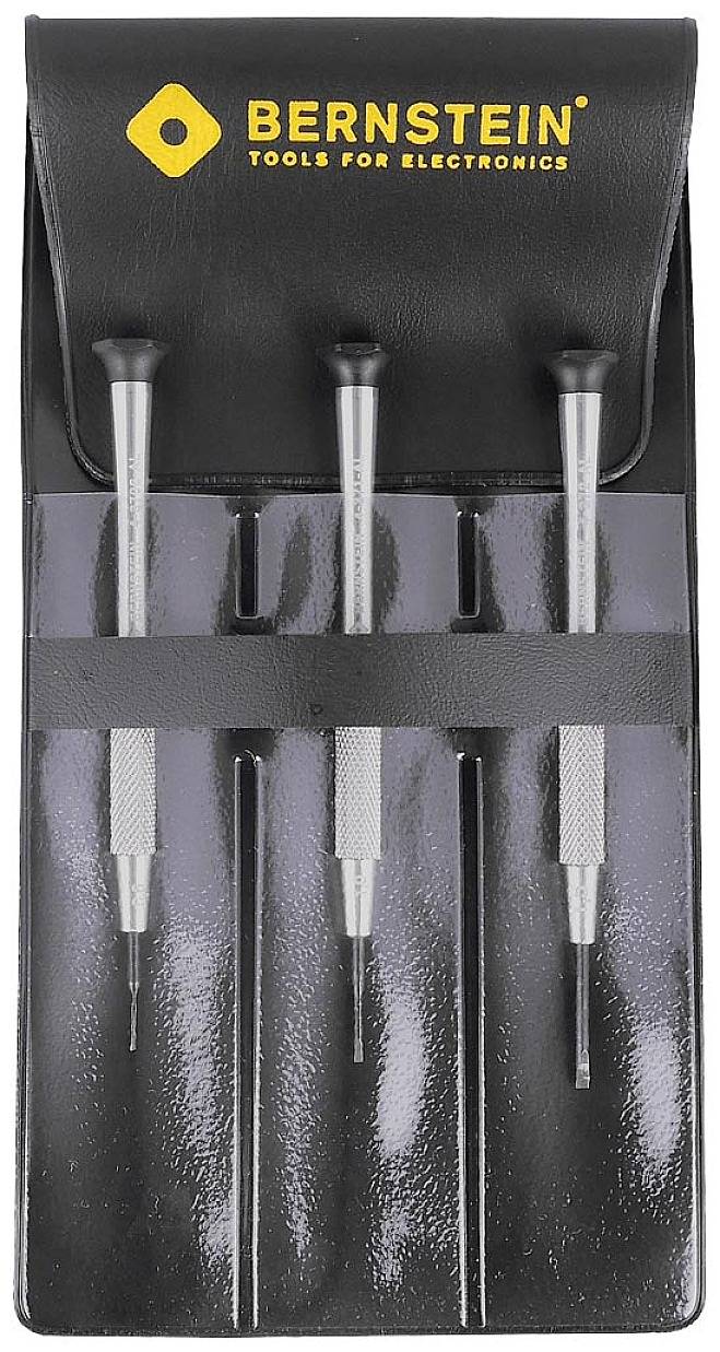 Tři přesné šroubováky pro elektroniku v černém ochranném pouzdře s žlutým štítkem 'Bernstein Tools for Electronics'.