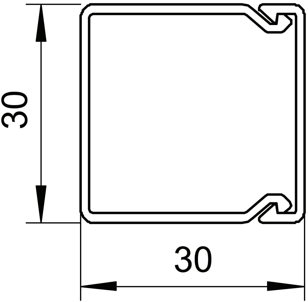 Technický výkres čtvercového profilu o rozměrech 30x30 mm s bočními drážkami.