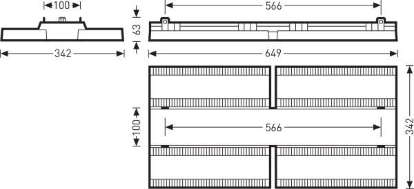 Technický výkres obdélníkového objektu s rozměry: délka 649 mm, šířka 342 mm, výška 63 mm. Detaily nahoře a po stranách.