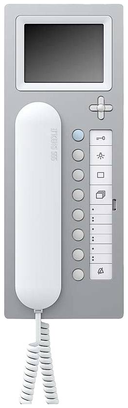 Šedý ovládací panel komunikačního zařízení s mikrotelefonnní sluchátkou, řadou tlačítek a malým displejem nahoře.
