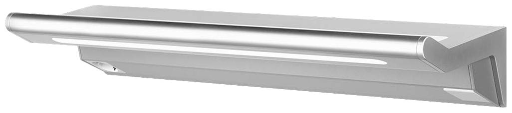 Nástěnná lampa z kartáčovaného kovu s jednoduchým, moderním designem. Má protáhlý tvar a je vhodná do interiéru.