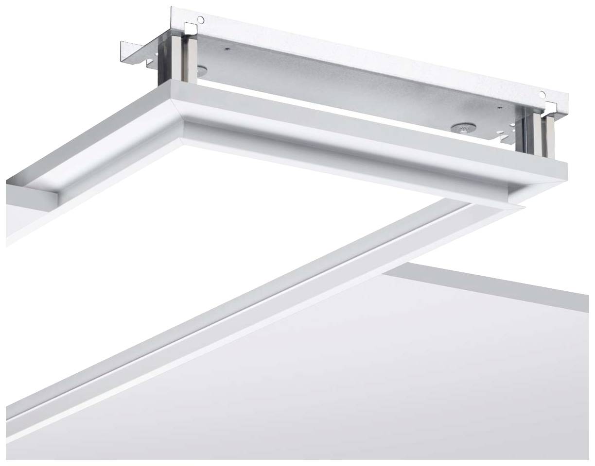 Bílé LED stropní svítidlo, upevněné na kovovém držáku, vhodné pro moderní interiérové vybavení v kanceláři nebo doma.