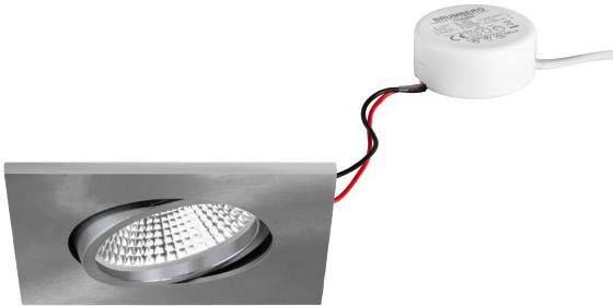 Kulaté LED světlo se stříbrným rámečkem a připojeným kabelem, vhodné pro vestavbu do stropu. LED zobrazuje rastrový vzor.