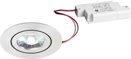 Kulaté LED vestavné stropní svítidlo s kabely připojenými k obdélníkovému transformátoru.