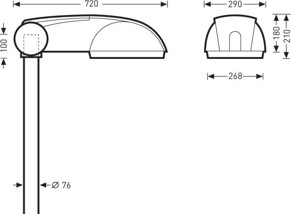 Technický výkres pouliční lampy s rozměry: Celková výška 720 mm, šířka 290 mm, hloubka 268 mm, průměr stožáru 76 mm.