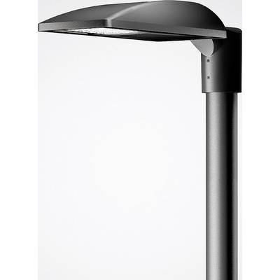 Moderní černá pouliční lampa na bílém pozadí. Má zakřivenou, plochou střechu a štíhlý, válcovitý sloup.
