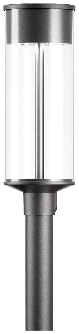 Moderní válcová pouliční lampa s transparentními skleněnými prvky a metalicky šedým tělem, umístěná na štíhlém sloupu.