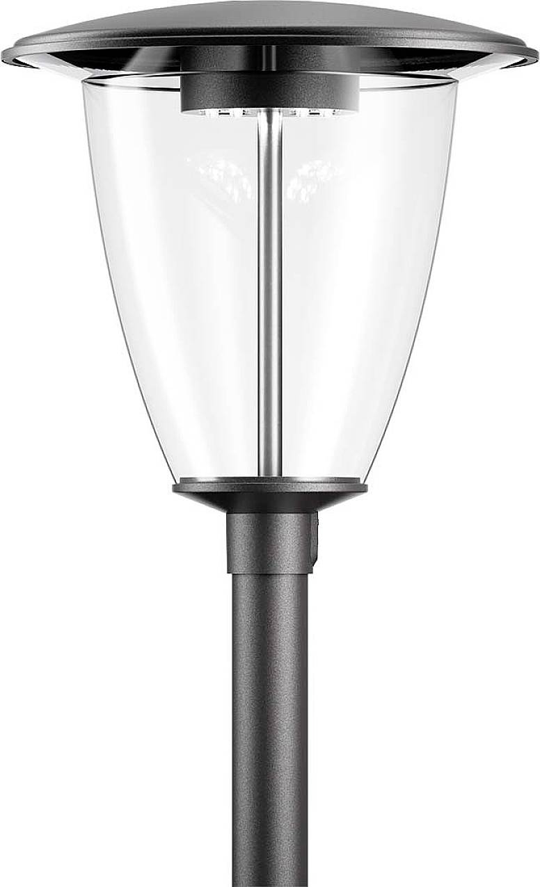 Pouliční lampa s moderním designem, černý sloup a průsvitný stínidlo obklopující LED osvětlení.
