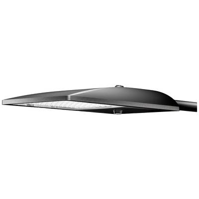 Moderní černá pouliční lampa s plochým designem, pohled z boku; určená k osvětlení veřejných prostor.