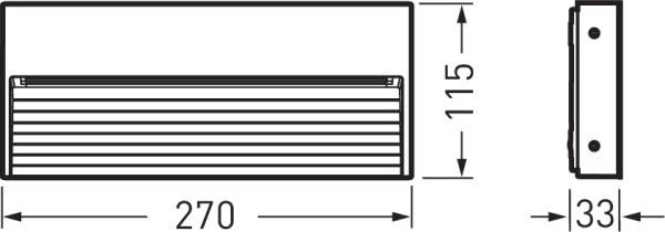 Technický výkres obdélníkové lampy s rozměry: šířka 270 mm, výška 115 mm, hloubka 33 mm. Boční a přední pohled.