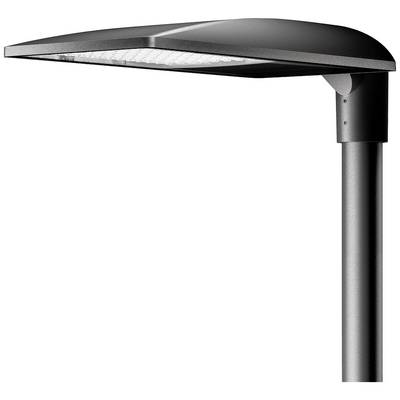 Moderní černá pouliční lampa s plochým, obdélníkovým stínidlem, umístěná na kovovém sloupu.