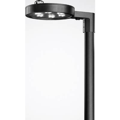 Černá, moderní pouliční lampa s kulatou LED hlavicí, svítí směrem dolů. Minimalistický design, bez okolního prostoru.