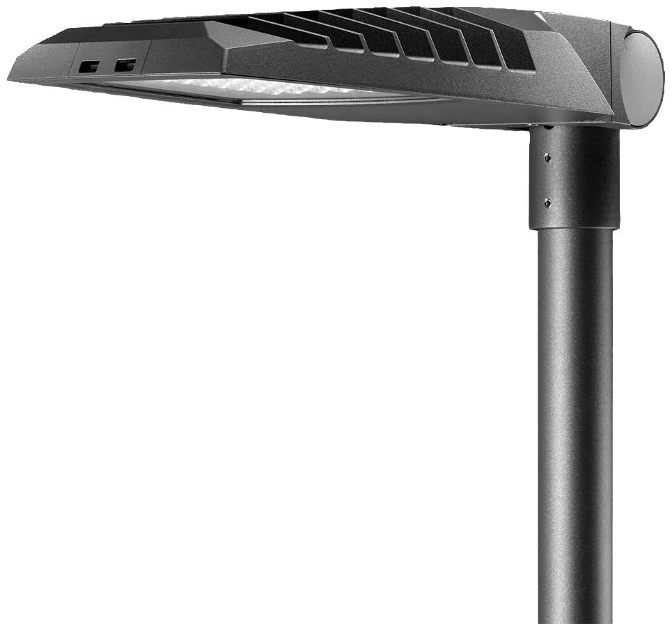 Moderní, černý design pouliční lampy s plochým, obdélníkovým světelným tělesem na kovovém stožáru.