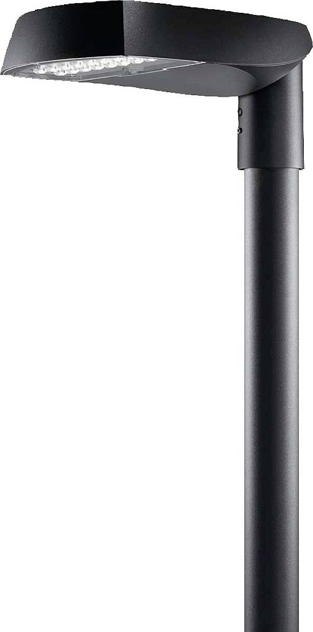 Moderní pouliční lampa s LED žárovkou, umístěná na štíhlém černém stožáru.