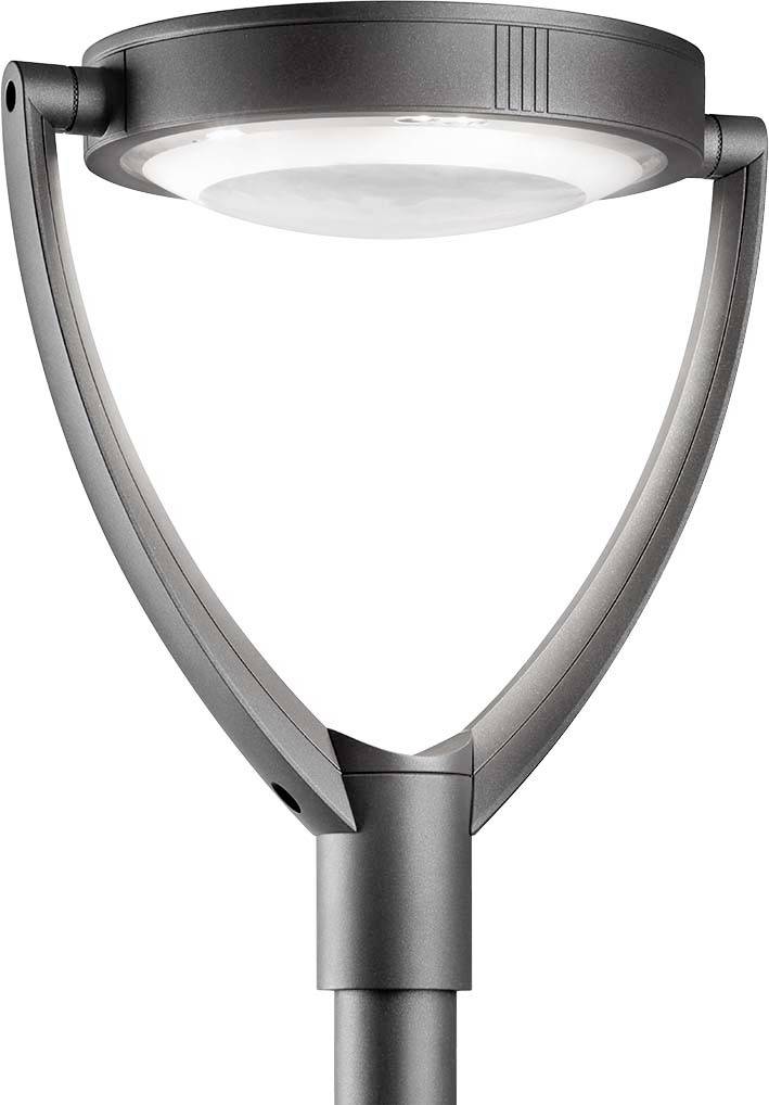 Moderní pouliční lampa z kovu v šedé barvě, s ohnutým ramenem a kulatým světelným prvkem.