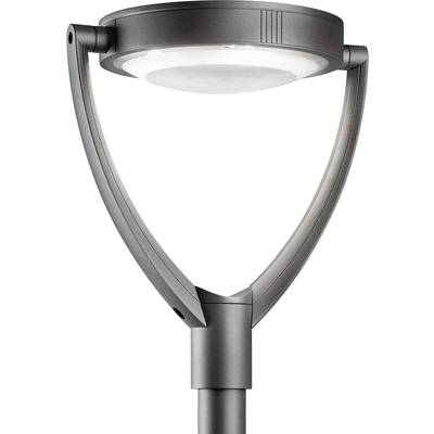 Moderní pouliční lampa z kovu v šedé barvě, s ohnutým ramenem a kulatým světelným prvkem.