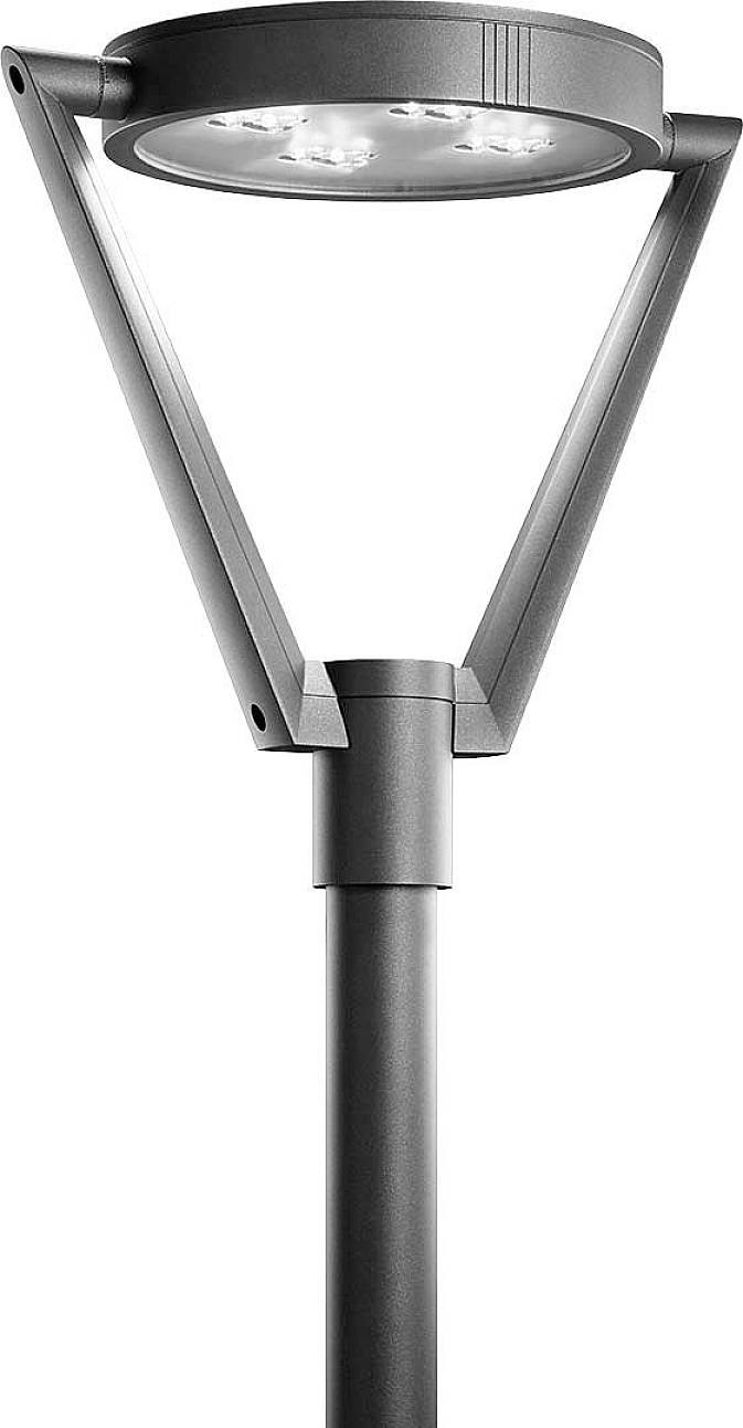 Pouliční lampa s moderním kónickým designem a LED osvětlením. Stojí na štíhlé šedé tyči a zajišťuje efektivní osvětlení.