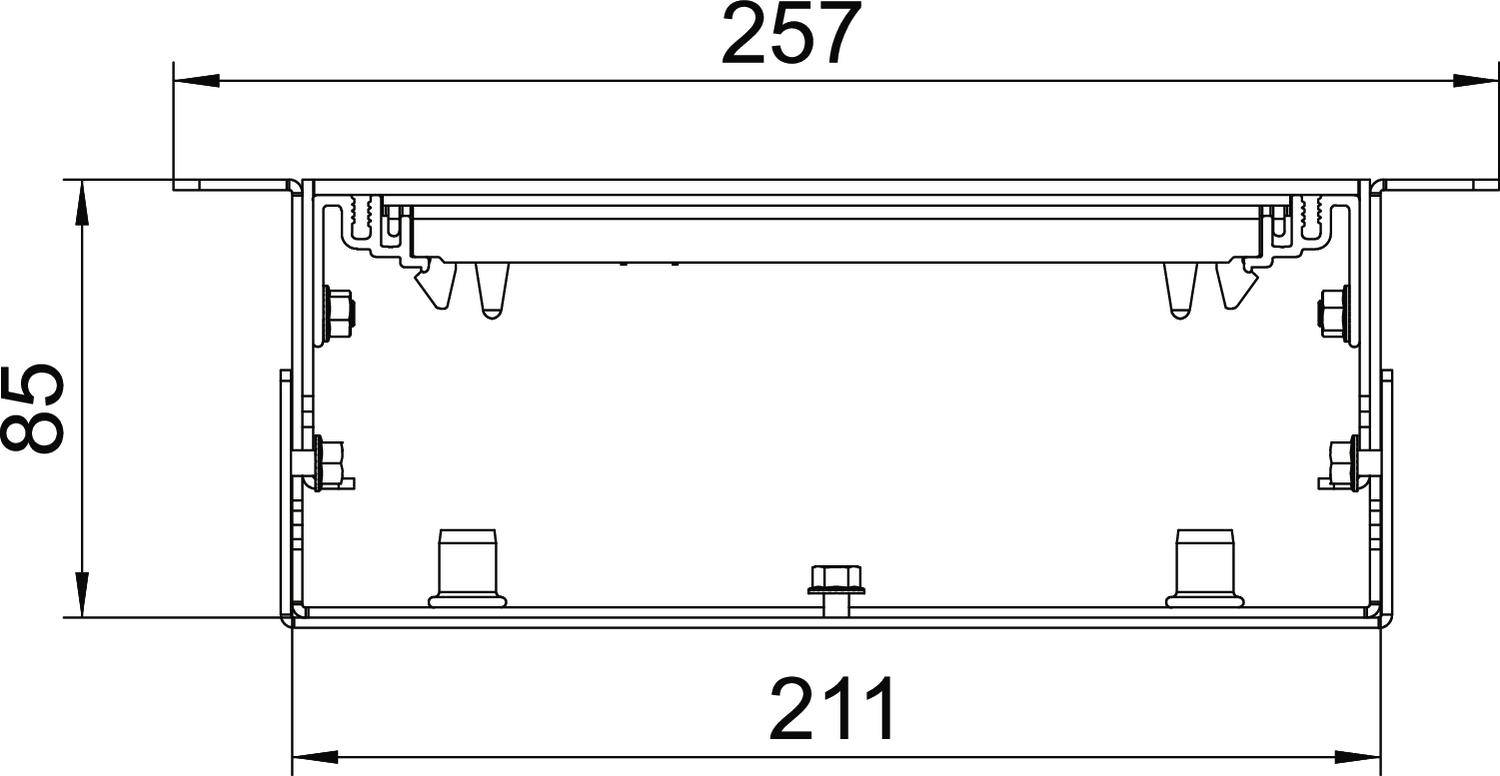 Technický výkres obdélníkové nádoby s rozměry: šířka 257 mm, výška 85 mm, hloubka 211 mm.