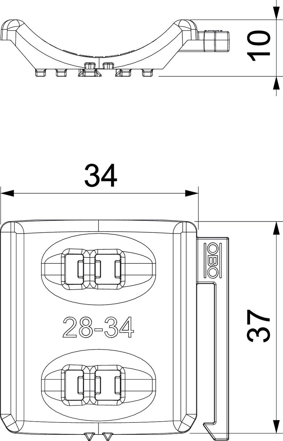 Technický výkres mechanické součásti s rozměry: šířka 34 mm, výška 37 mm, horní komponenta 10 mm. Značení '28-34'.