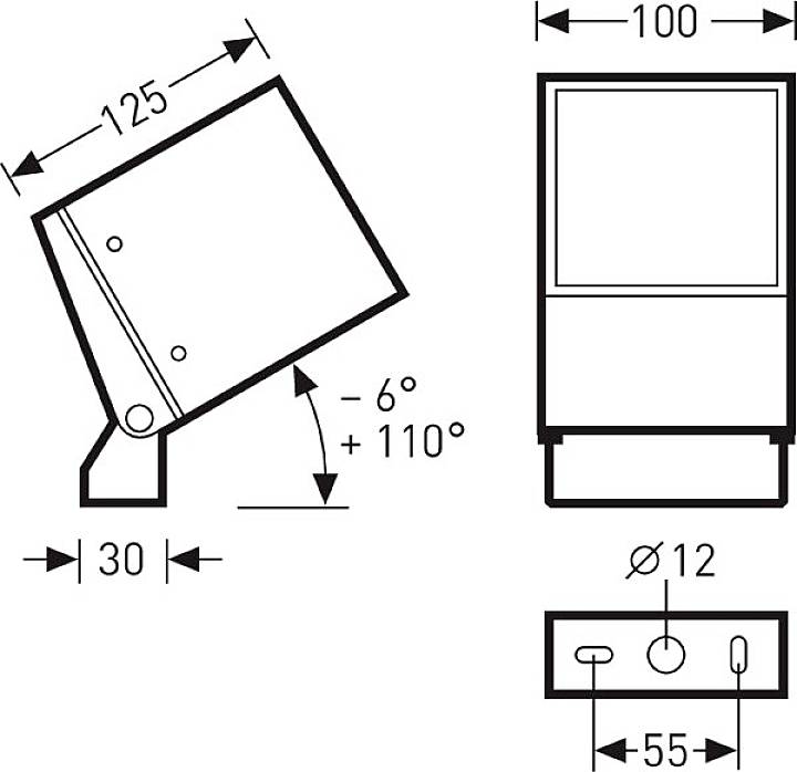 Technický výkres obdélníkového zařízení s rozměry: 125x100x30 mm. Úhel otáčení -6° až +110°. Průměr šroubu 12 mm.