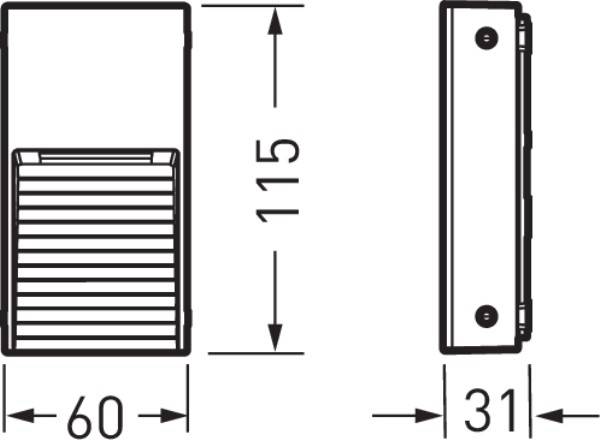 Diagram obdélníkového svítidla o rozměrech 60 mm široké, 115 mm vysoké a 31 mm hluboké. Zobrazuje přední a boční pohled.