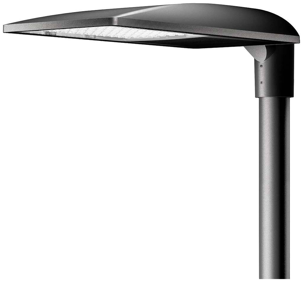 Moderní pouliční lampa s elegantním, zakřiveným designem a robustním kovovým sloupem, vhodná pro městské osvětlení.