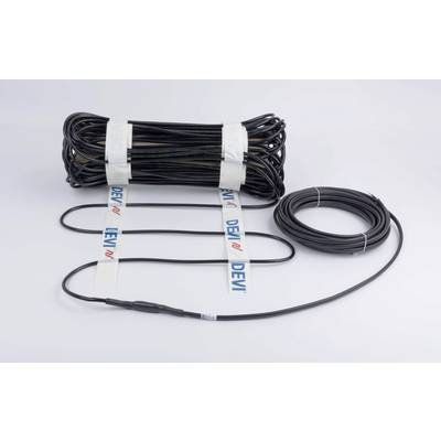 Černý topný kabel, navinutý a připravený k instalaci. Znázorněny navinuté a rozložené úseky s označením 'DEVI'.