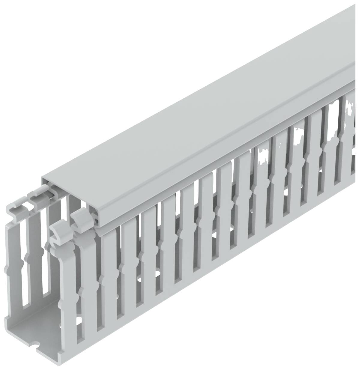 Plastový kabelový kanál s víkem a vertikálními drážkami, světle šedý, pro správu kabelů v elektrických instalacích.