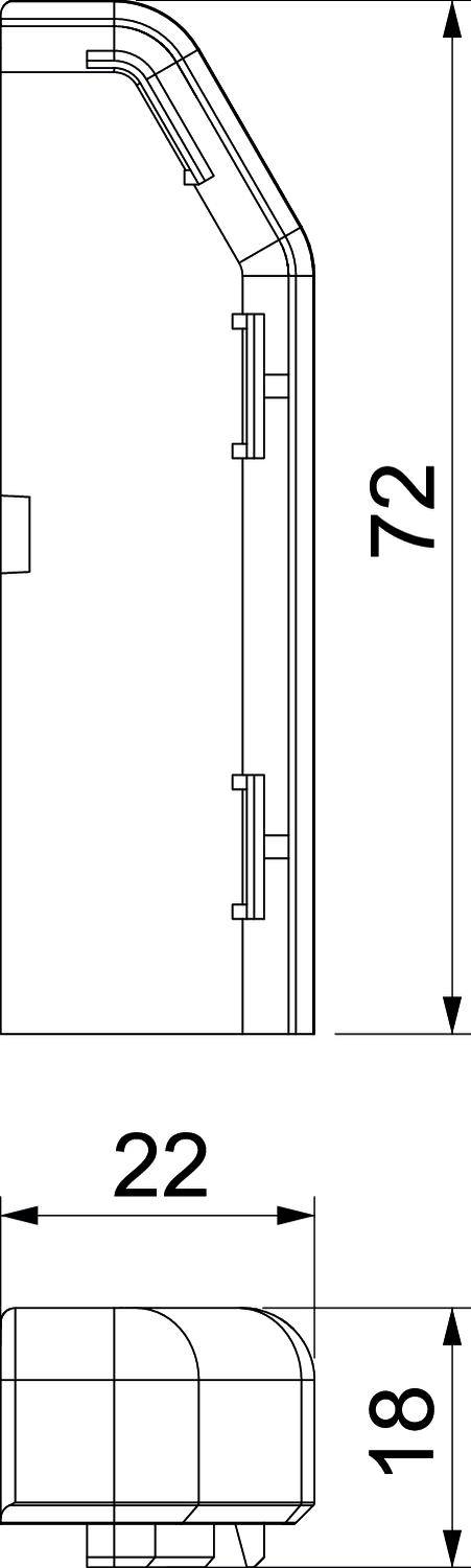 Technický výkres dílu s pohledem z boku a spodu. Rozměry: výška 72, šířka 22, hloubka 18.