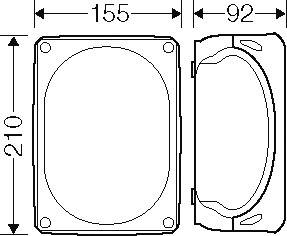 Technický výkres zobrazuje rozměry obdélníkové nádoby: 210 mm vysoké, 155 mm široké, 92 mm hluboké.