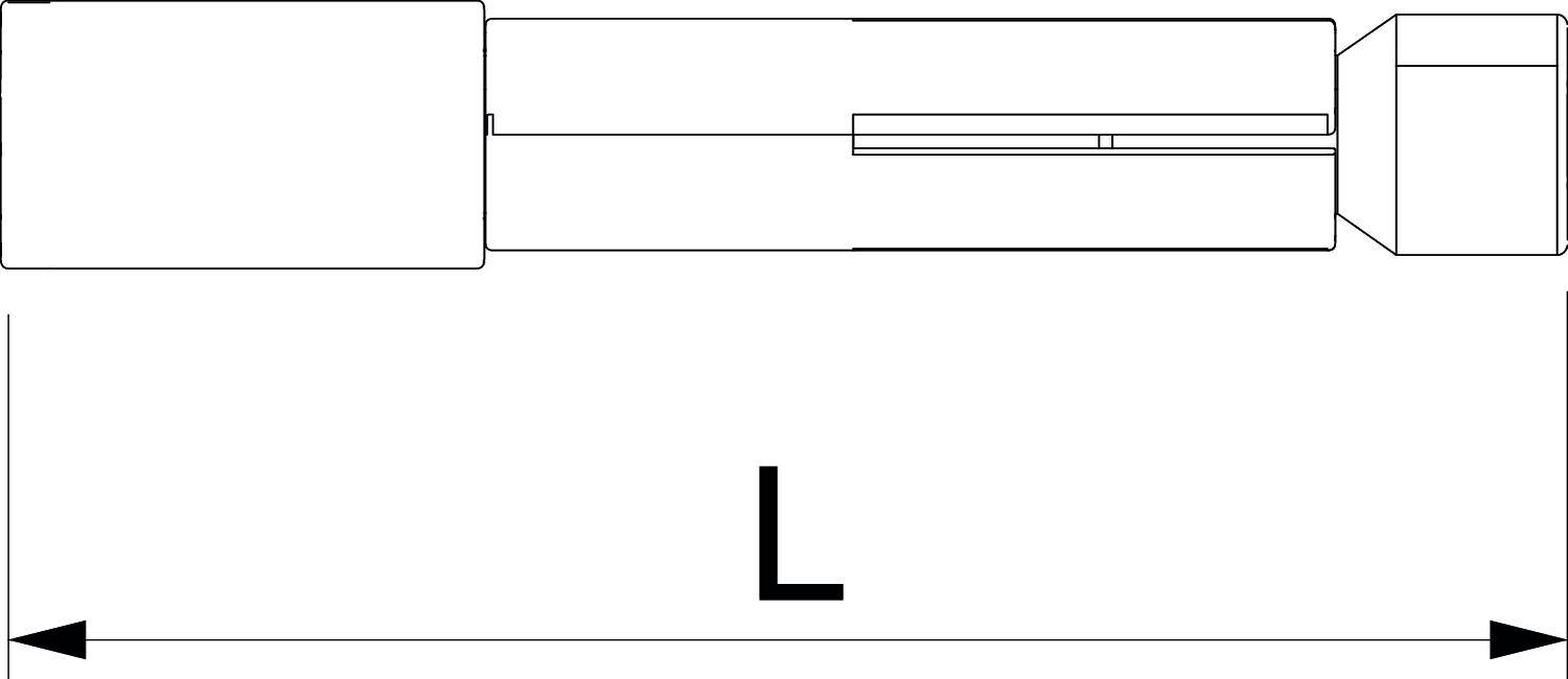 Technický diagram zobrazuje podlouhlou komponentu z bočního pohledu se šipkou a písmenem 'L', které označuje délku.