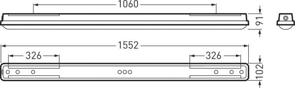 Diagram svítidla s rozměry: délka 1552 mm, šířkové sekce 1060 mm a 326 mm, výšky 91 mm a 102 mm. Boční a pohled shora.