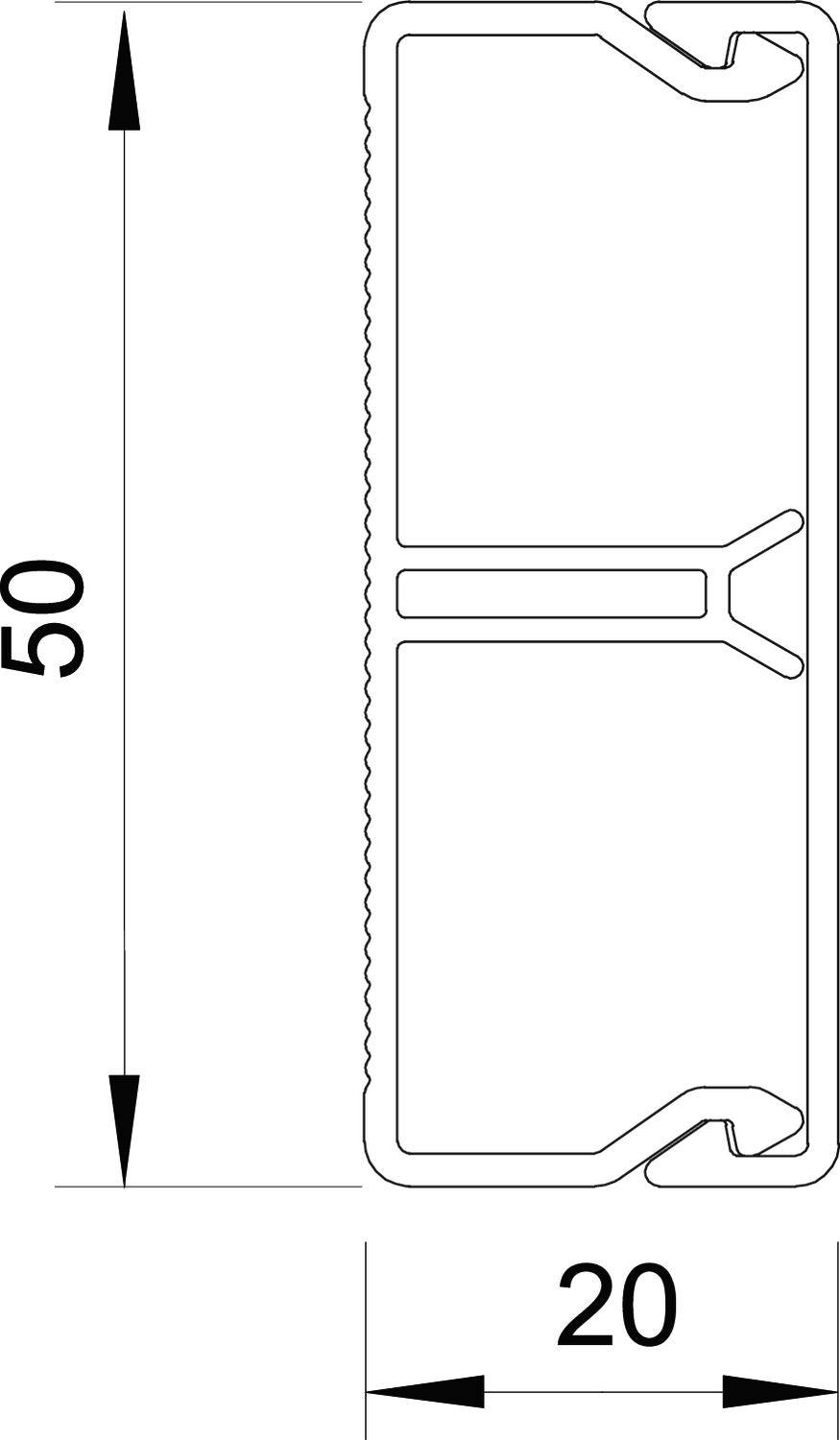 Příčný řez obdélníkové součásti s rozměry 50x20 mm.