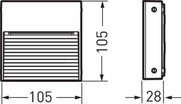 Obrázek zobrazuje technický výkres čtvercového větrací otvoru s rozměry: šířka 105 mm, výška 105 mm, hloubka 28 mm.