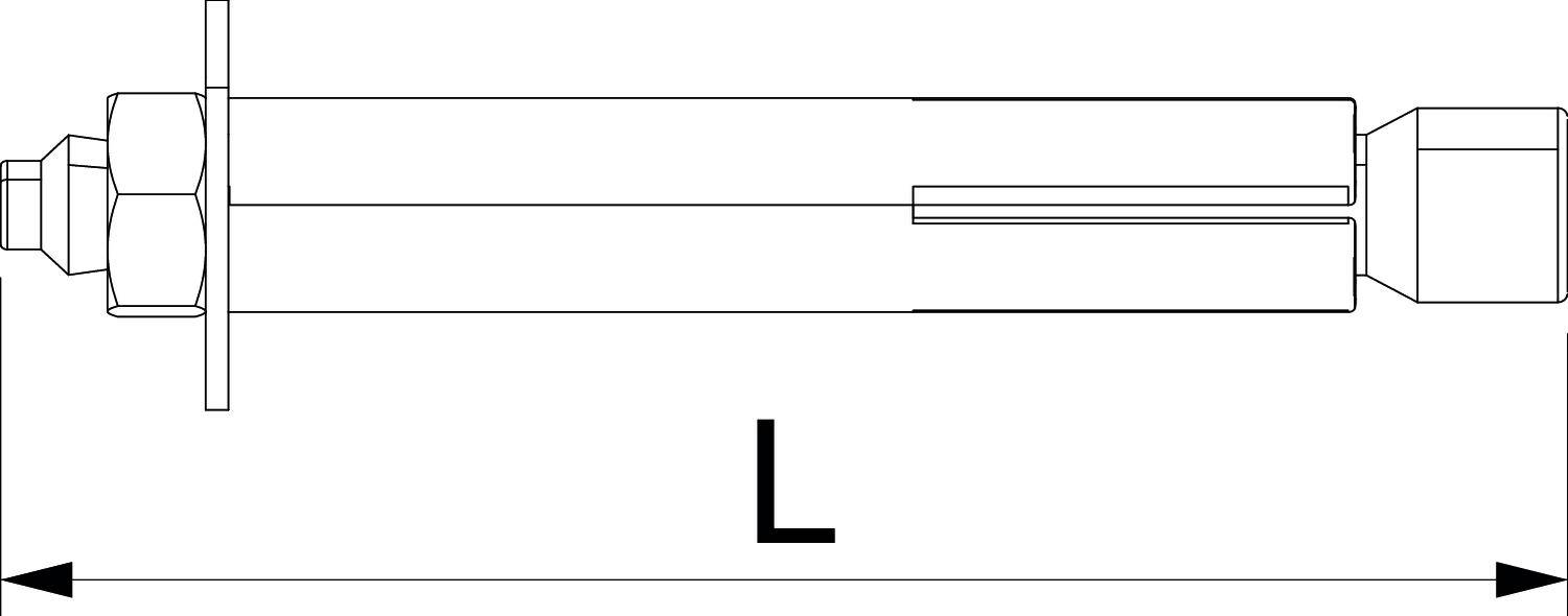 Diagram kovového kotevního šroubu se dvěma maticemi a podložkou. Šipka ukazuje délku 'L' kotevního šroubu.