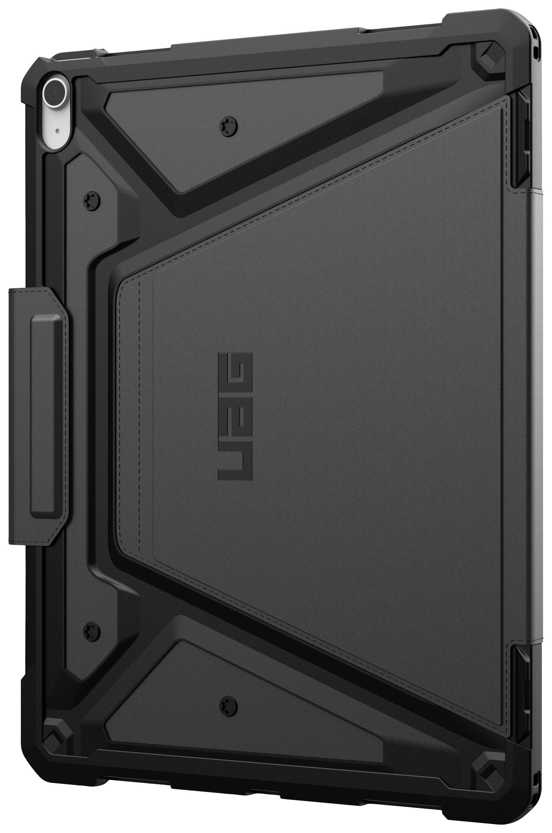 Černý, robustní ochranný kryt pro tablet s strukturovaným povrchem a integrovaným stojánkem na zadní straně.