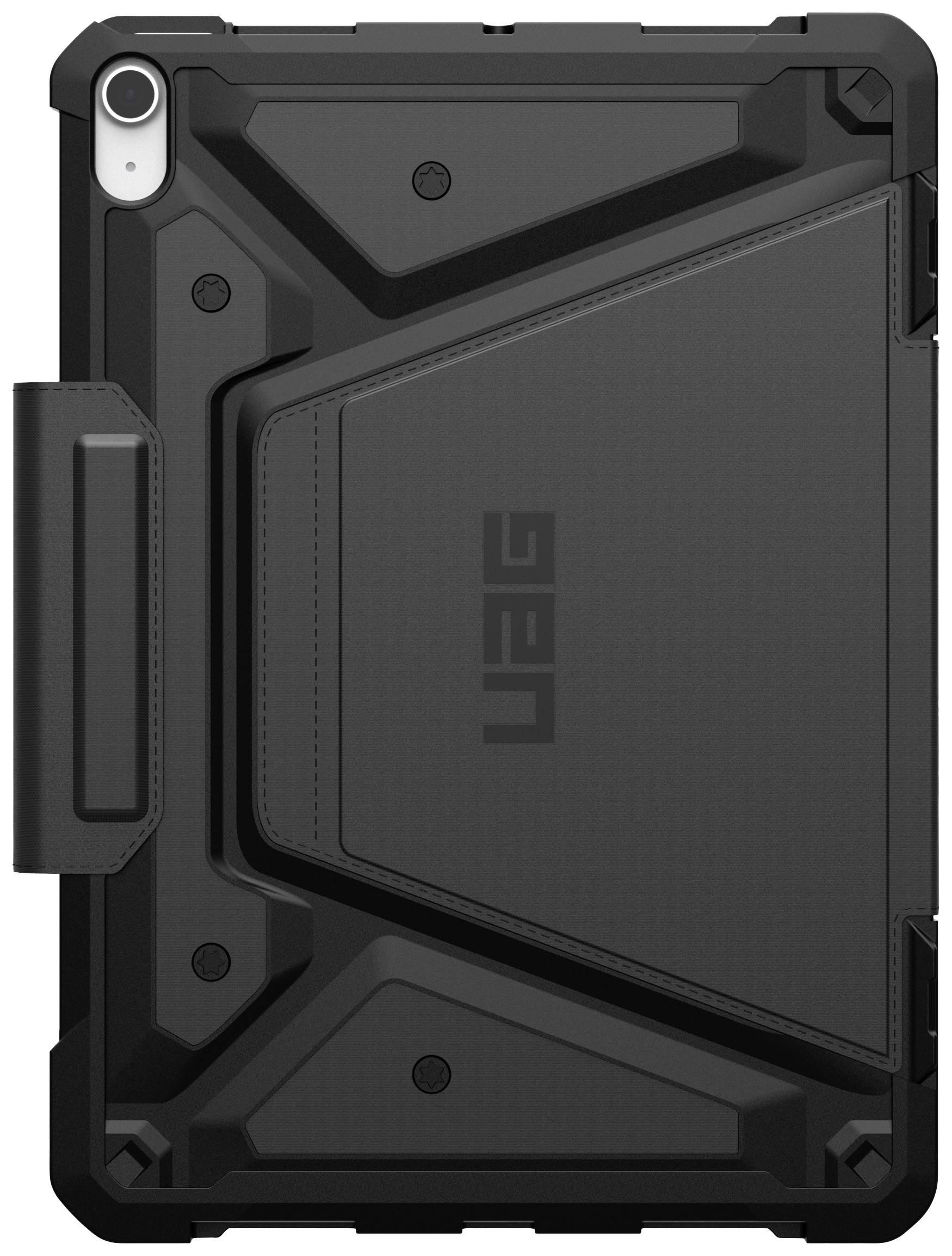 Robustní černý obal na tablet se strukturovaným designem, zesílenými rohy a držákem na pero vlevo.