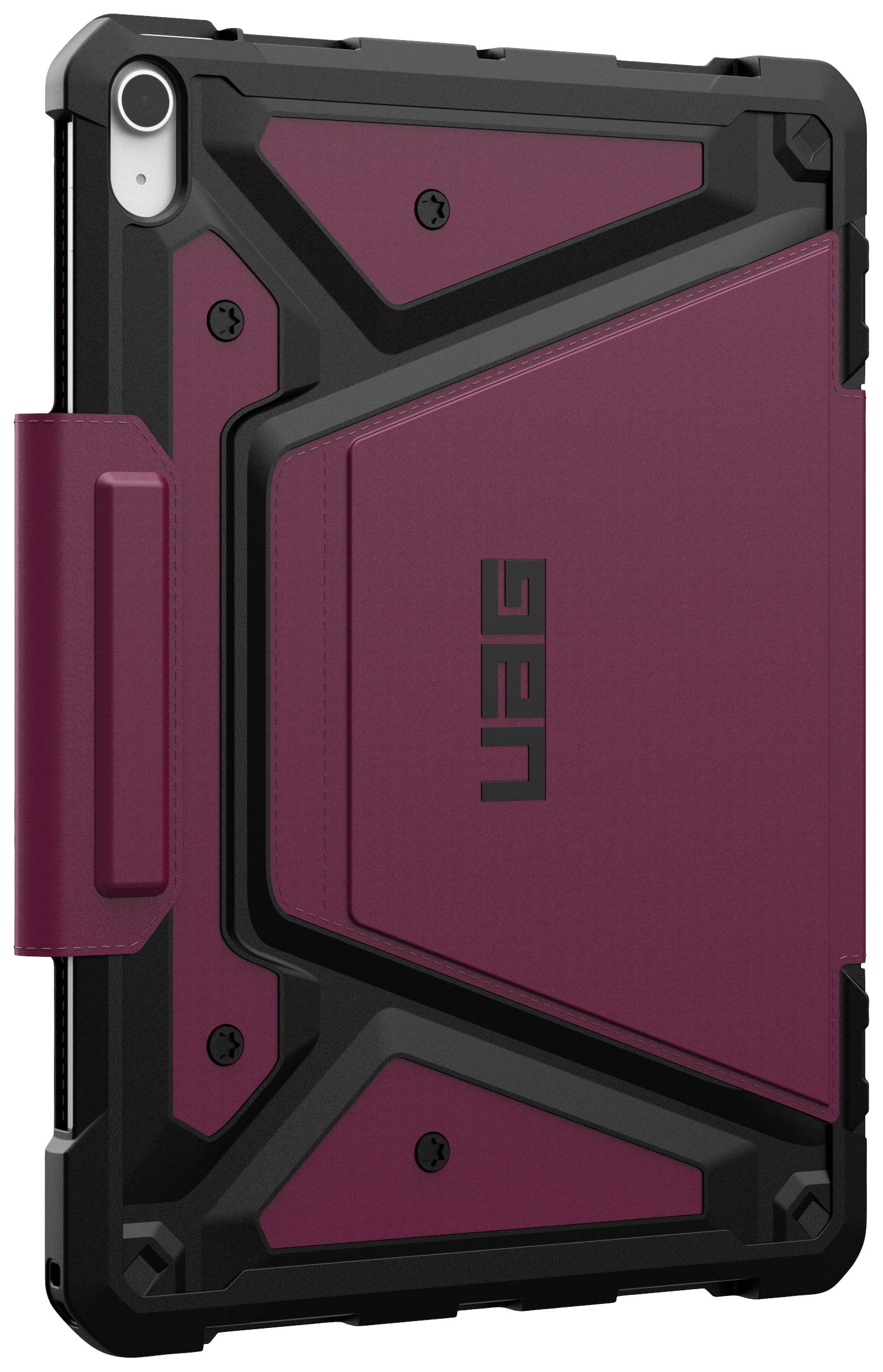 Robustní pouzdro na tablet v červené a černé barvě s výrazným geometrickým designem a držákem na stylus.