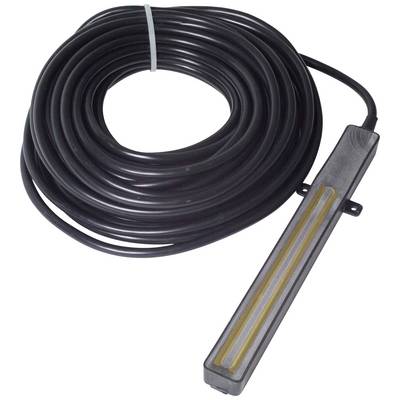 Černý kabel s obdélníkovým senzorem na konci, svinutý a stažený šedou stahovací páskou.