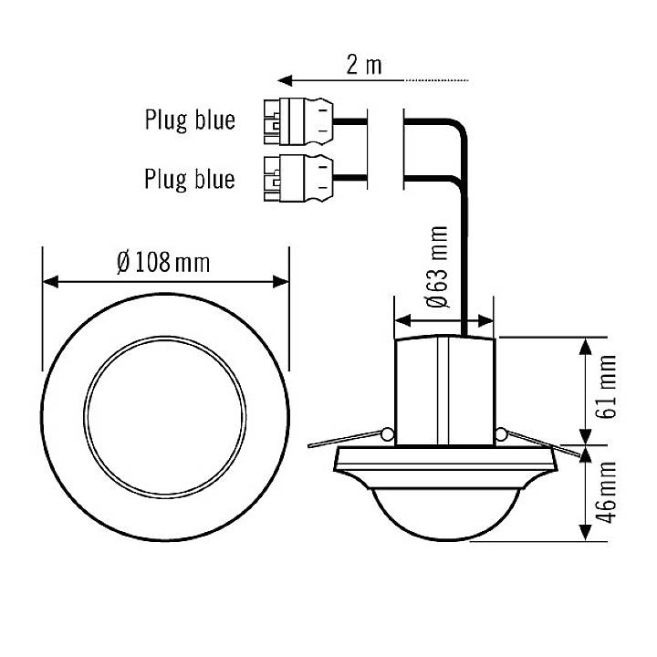 Vestavěné svítidlo se dvěma modrými konektory, průměr 108 mm. Boční pohled ukazuje výškové rozměry: celková výška 61 mm, montážní hloubka 46 mm. Kabel dlouhý 2 m.