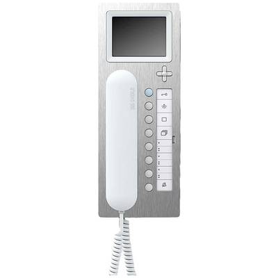 Vnitřní videotelefon se sluchátkem, několika funkčními tlačítky a malým displejem, vhodný pro obytné nebo kancelářské budovy.