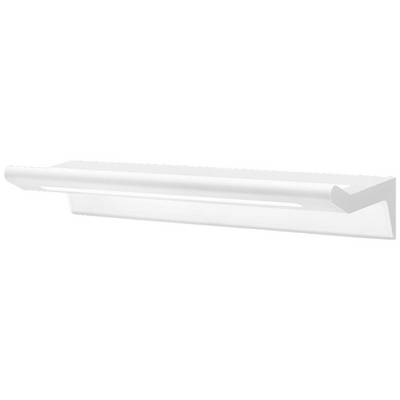 Bílá, moderní nástěnná lampa s jednoduchým, obdélníkovým designem a zakřiveným světelným výstupem otevřeným směrem dolů. Ideální pro jemné osvětlení.