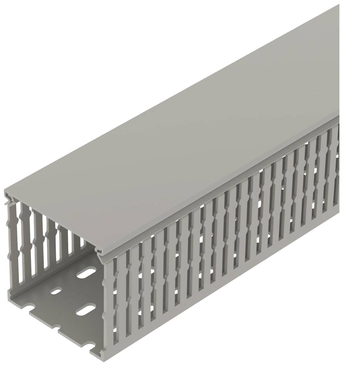 Šedý kabelový kanál s drážkami po stranách pro řádné vedení a organizaci kabelů v technických instalacích.