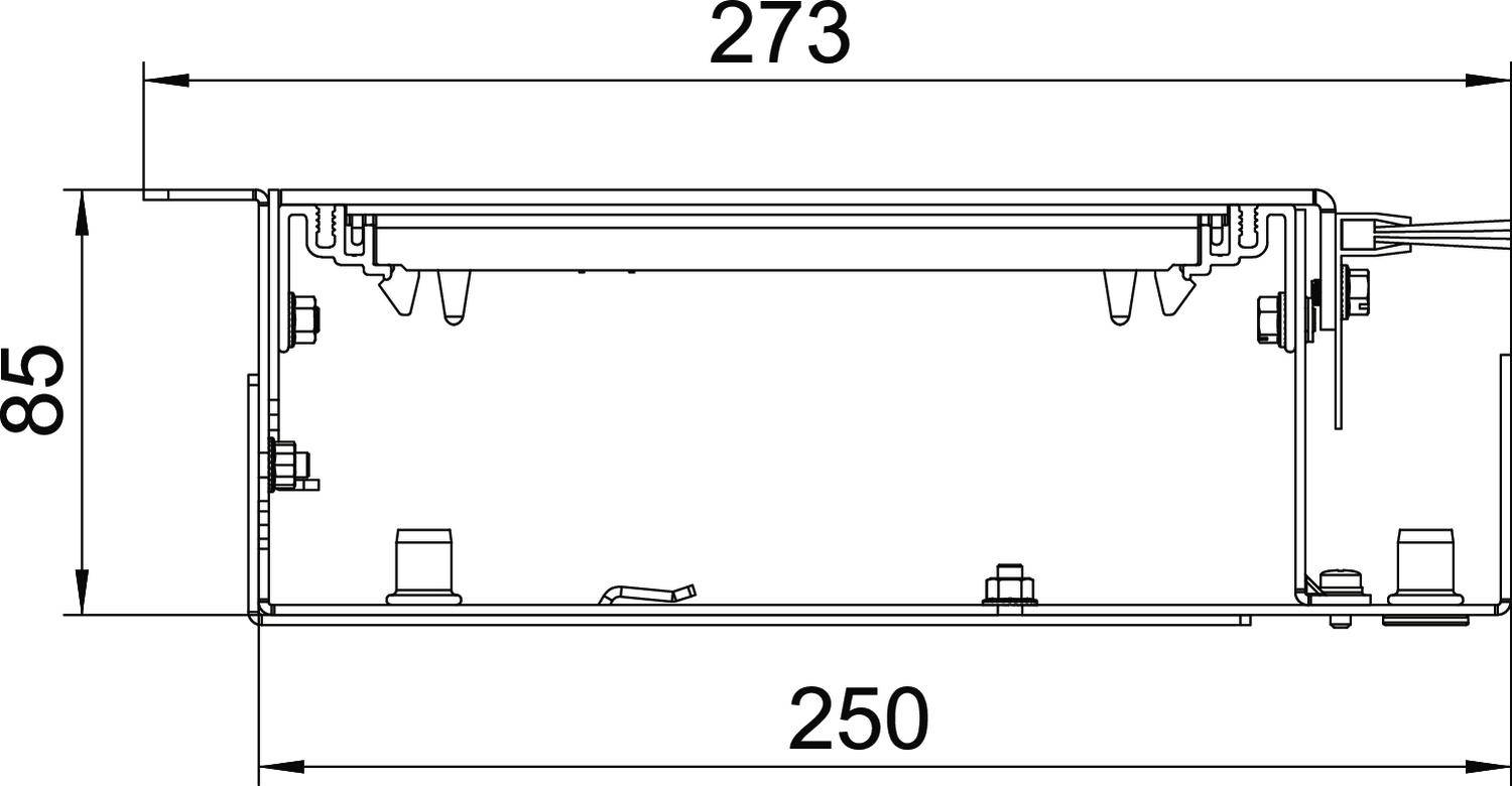 Technický výkres obdélníkové krabice o rozměrech 273 mm x 85 mm x 250 mm, s viditelnými upevňovacími body a přípojkami.
