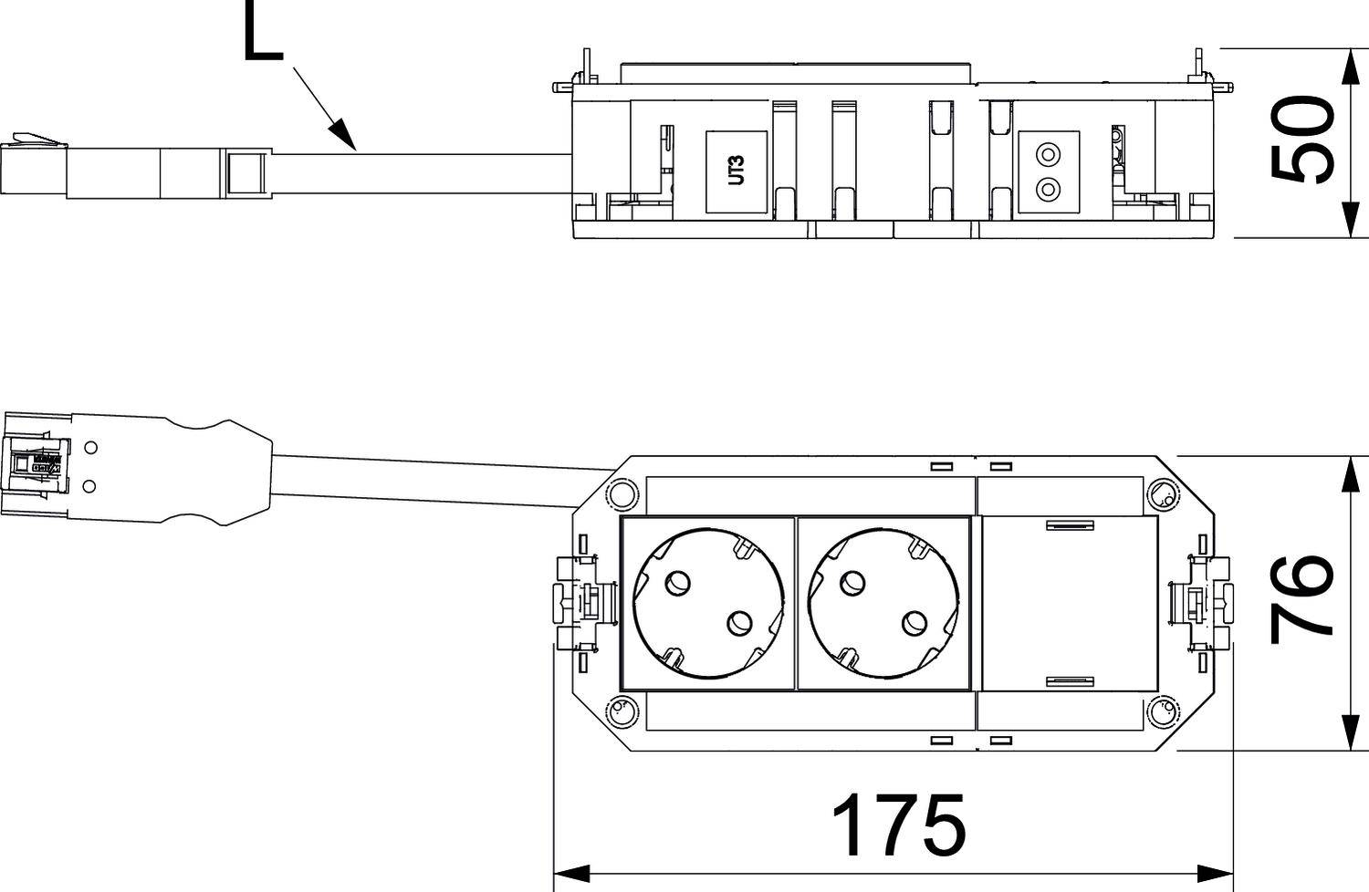 Technický nákres zásuvkové lišty se dvěma zásuvkami. Rozměry: 175 mm délka, 76 mm šířka, 50 mm výška. Horní a boční pohled.